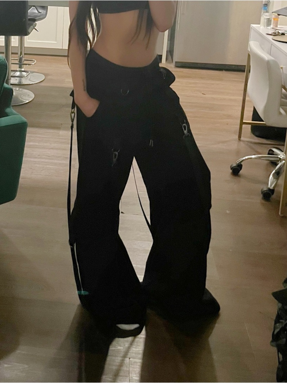 Club Exx Techno Beats Wide Leg Suspender Jogger Pants from Dolls Kill, Like New!